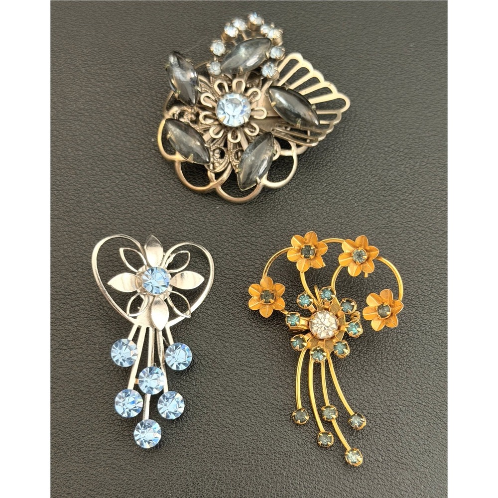 Vintage Rhinestone Brooch Lot 3pc Floral Heart Midcentury